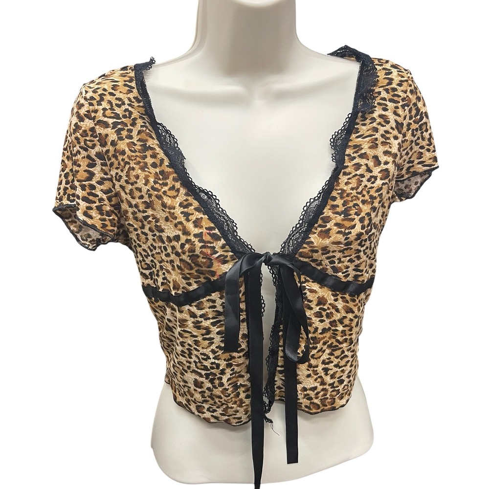 SHEIN Leopard Print Mesh Crop Top Lace Trim Tie Front Short Sleeve Brown Small